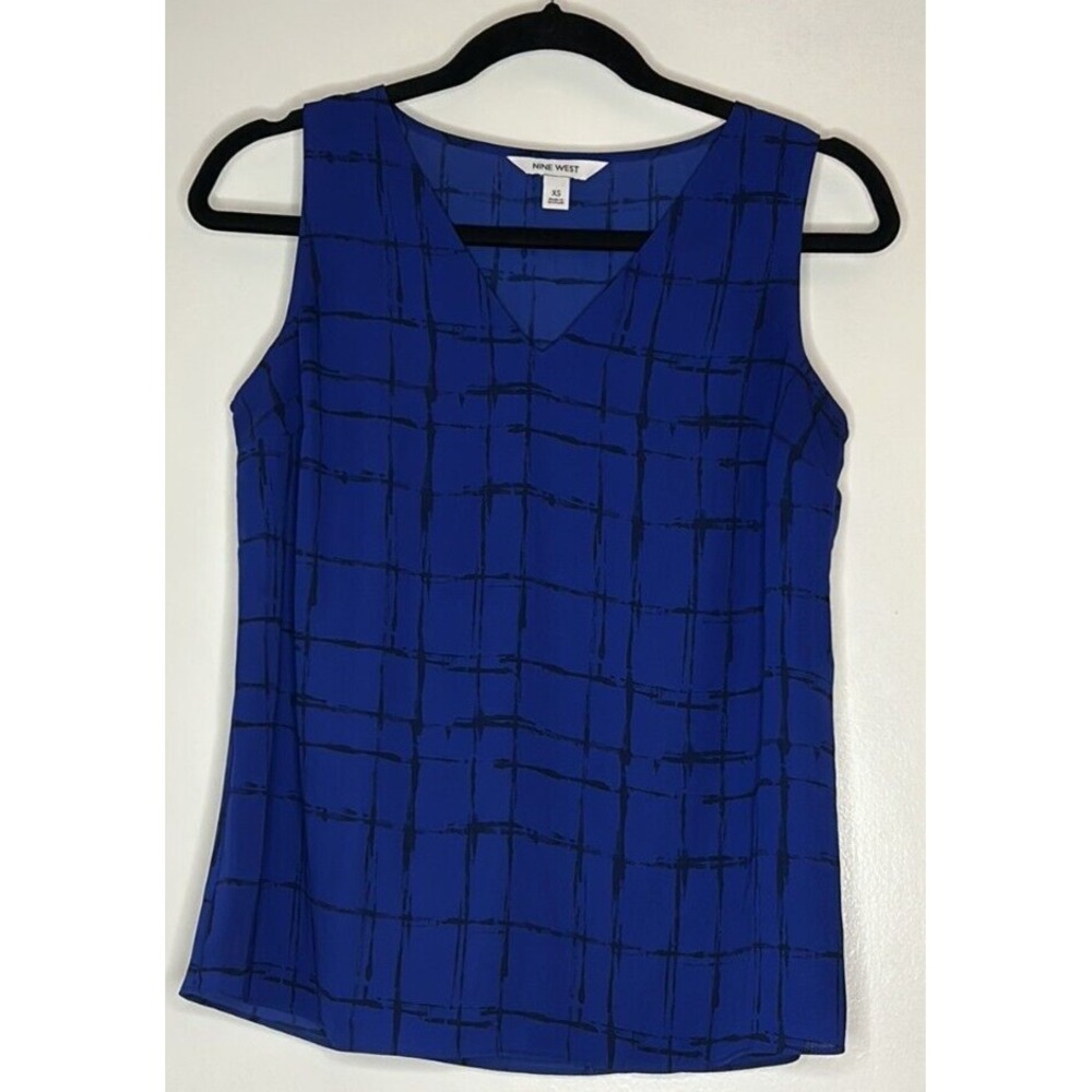 Nine West Royal Blue Abstract Grid Sleeveless Blouse XS Lightweight Career Layer